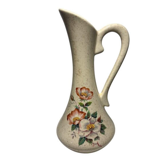 Fossil Craft Canada Pitcher Vase Speckled Ceramic 8" Tall Floral Design Vintage - Picture 1 of 7